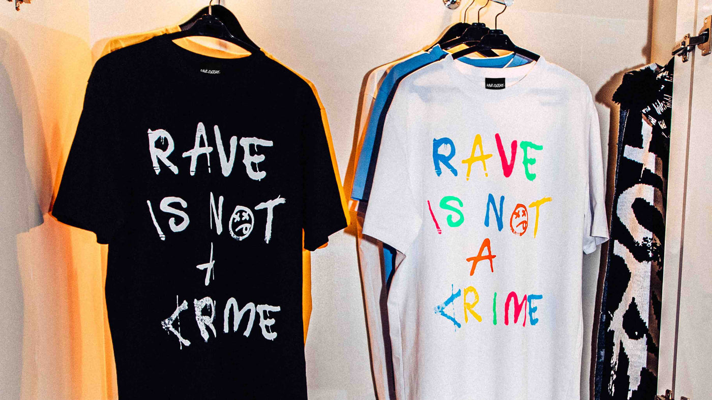 Rave Culture Rave Is Not A Crime T-Shirts, Rave Culture Scarf and Exclusive Unreleased items hanging in closet